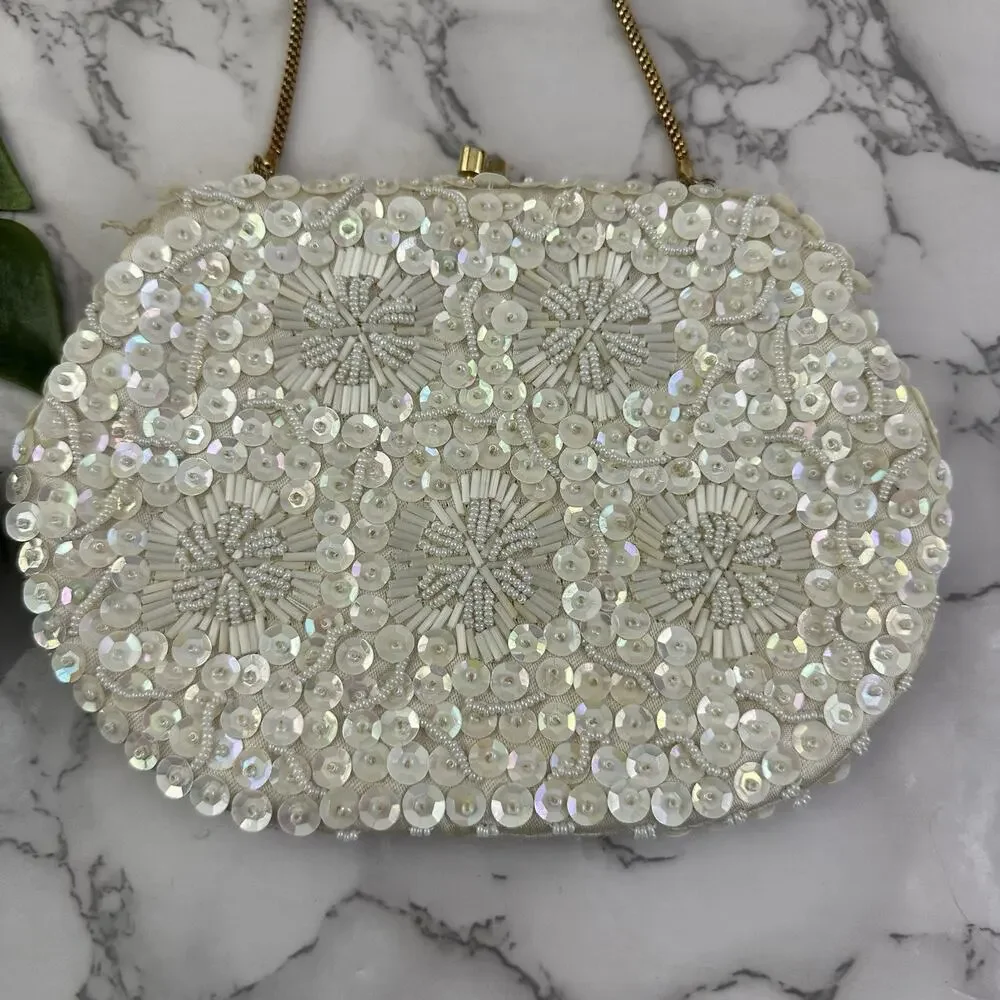 Vintage 70s Beaded Handbag Purse Cream Gold Sequin Kiss Lock Frame Evening